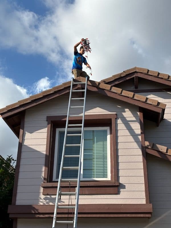 Person on a ladder atop a house, holding Christmas lights against a cloudy sky.